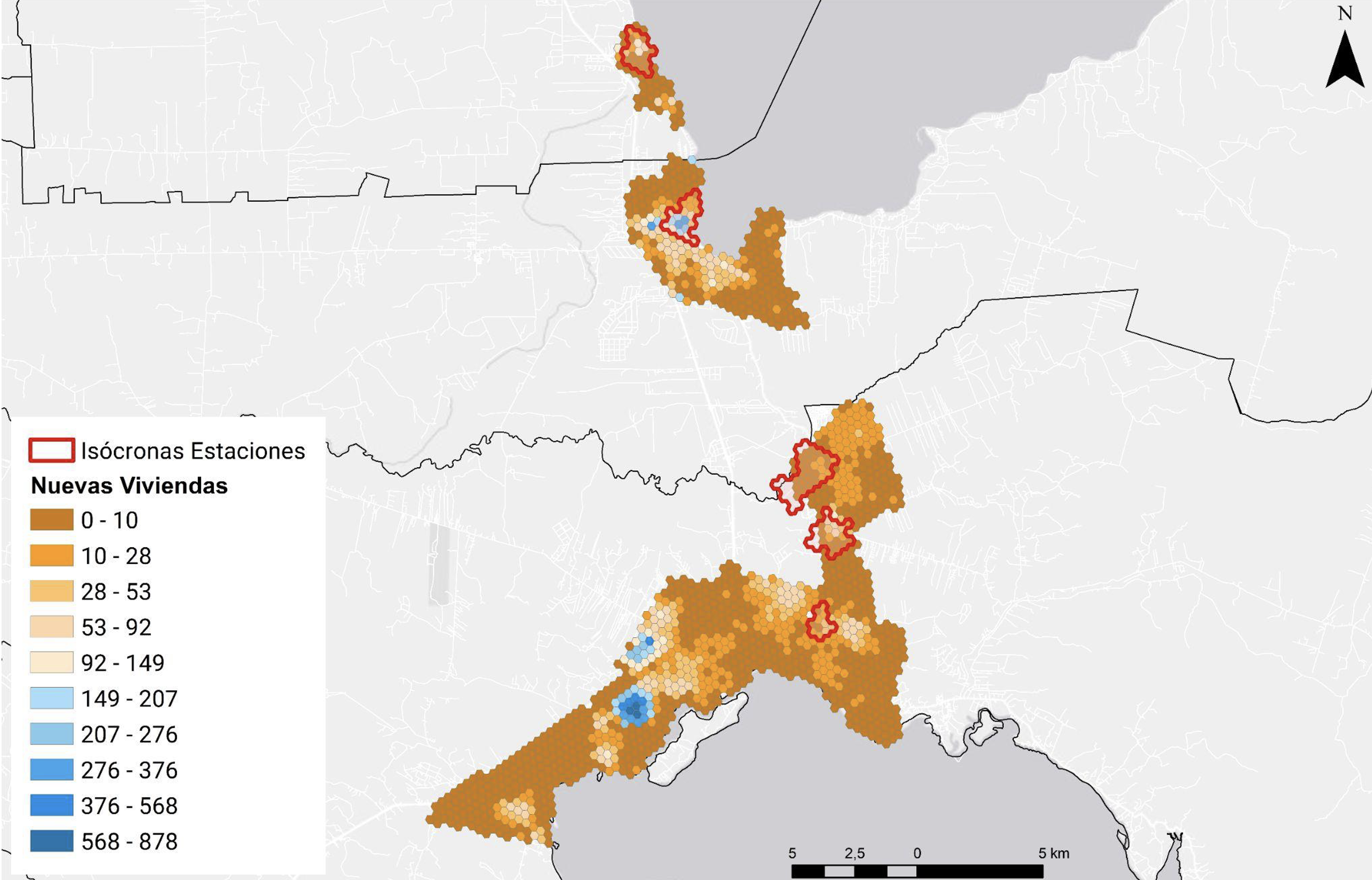 Mapa de nuevas viviendas localizadas entre 2023 y 2034 en Puerto Montt, Puerto Varas y Llanquihue